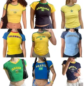 Vintage Graphic Baby Tees for Women Brazil Shirt Y2k Tops Mexico Crop Top Jersey 2000s Summer Going Out Tops