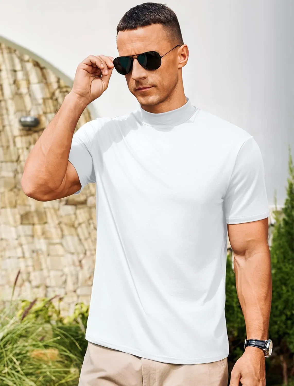Vssjavun Men's Mock Turtleneck T Shirt Short Sleeve Soft Casual Pullover Top Slim fit Solid Basic Undershirts