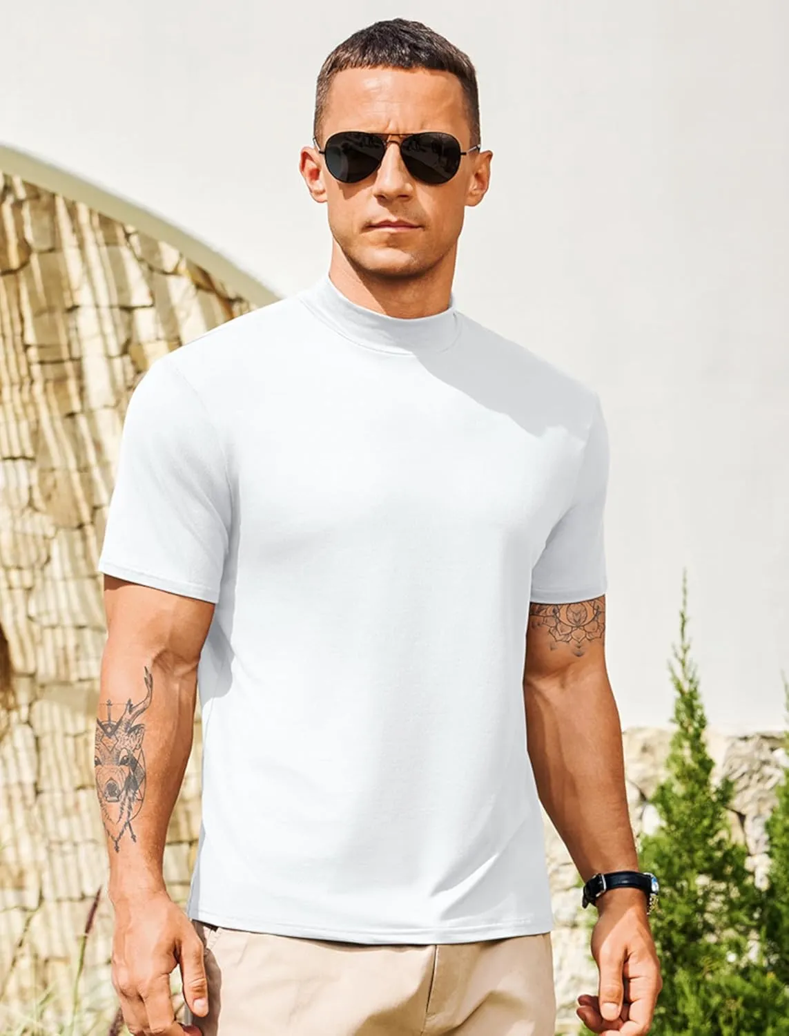 Vssjavun Men's Mock Turtleneck T Shirt Short Sleeve Soft Casual Pullover Top Slim fit Solid Basic Undershirts