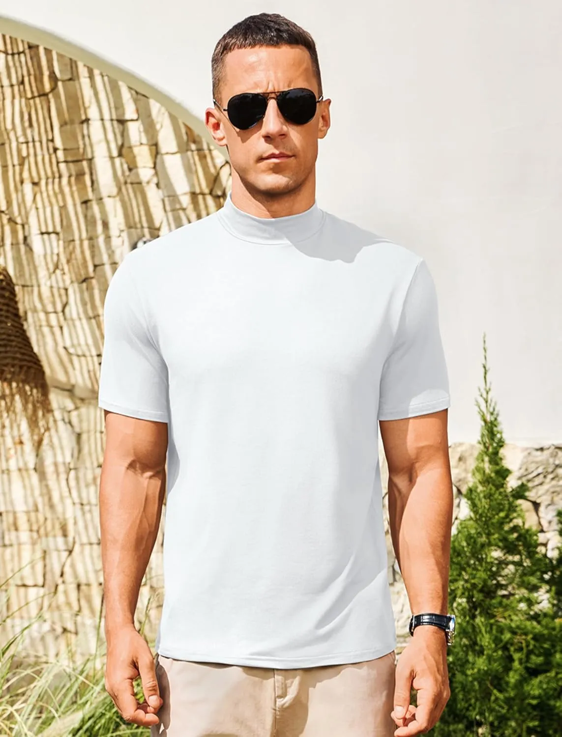 Vssjavun Men's Mock Turtleneck T Shirt Short Sleeve Soft Casual Pullover Top Slim fit Solid Basic Undershirts