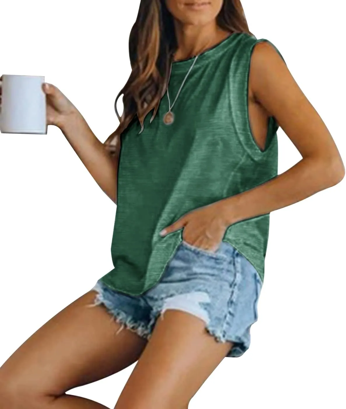 Women's Summer Sleeveless Tank Top Loose Fit Casual Crew Neck T Shirts Basic Tee Tops