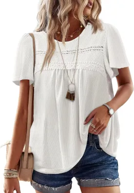 Womens Summer Tops Crewneck Short Sleeve Striped Shirts Casual Ribbed Blouses Flowy Hem Boho Clothing 2025