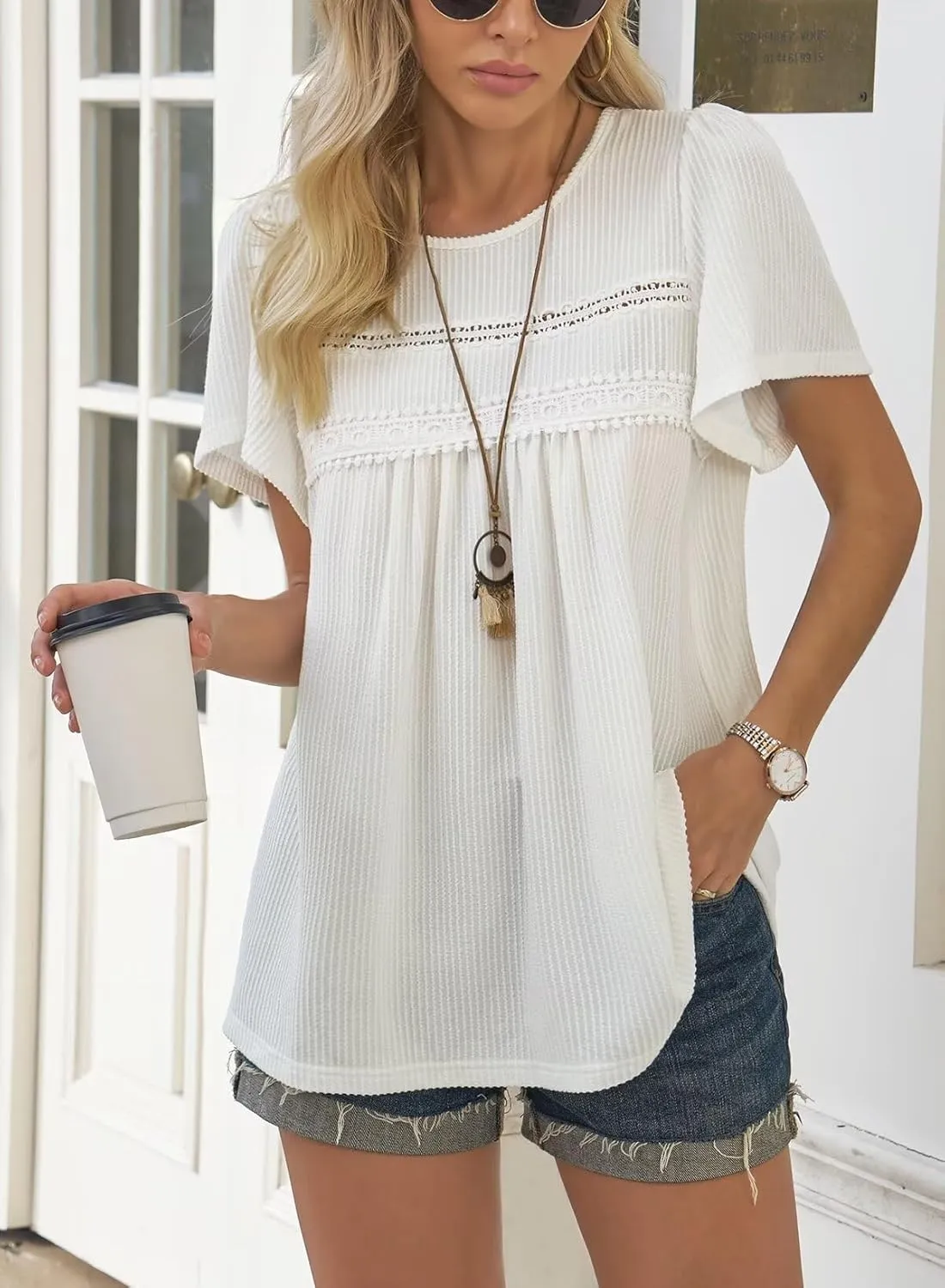 Womens Summer Tops Crewneck Short Sleeve Striped Shirts Casual Ribbed Blouses Flowy Hem Boho Clothing 2025