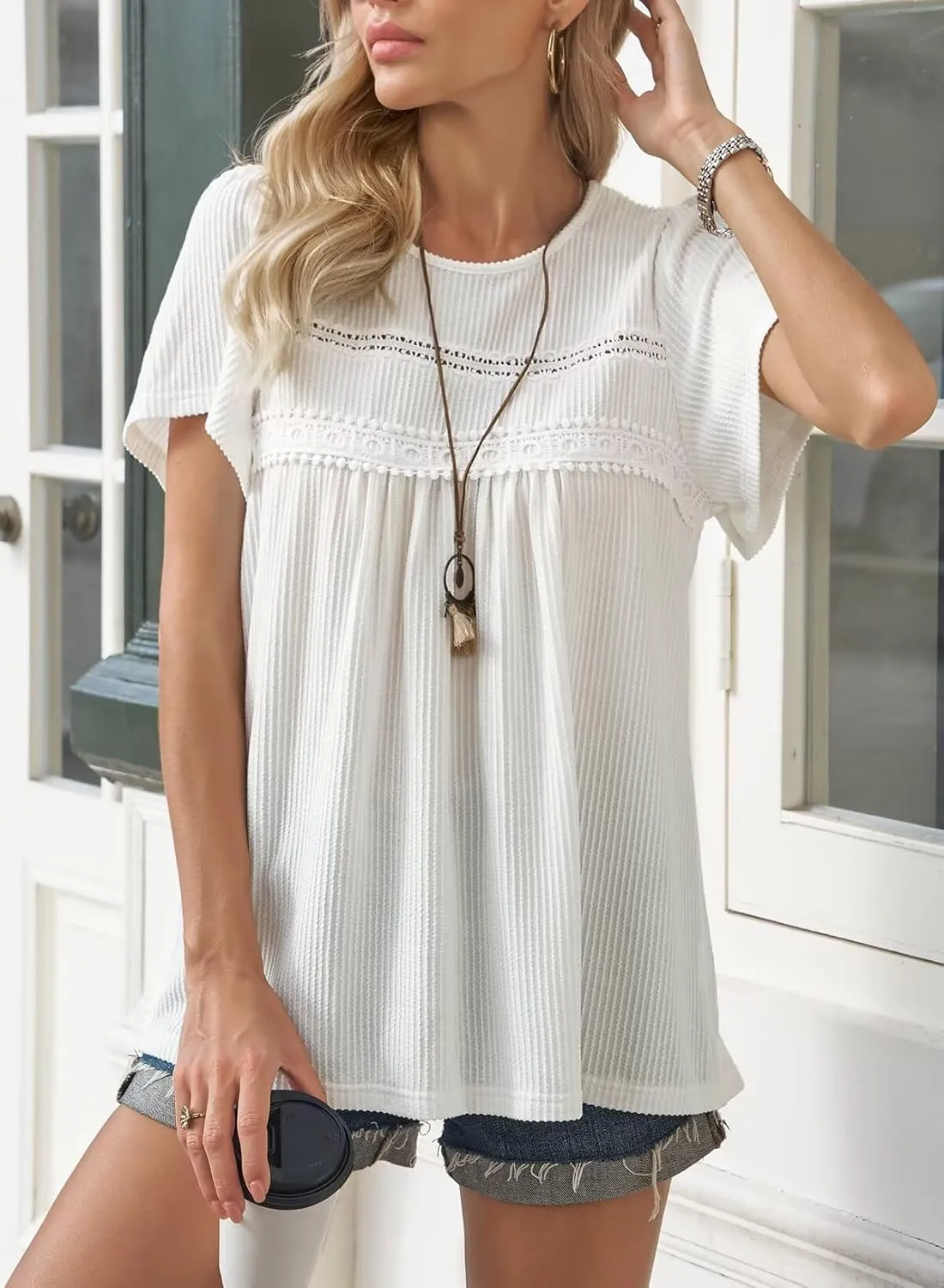 Womens Summer Tops Crewneck Short Sleeve Striped Shirts Casual Ribbed Blouses Flowy Hem Boho Clothing 2025
