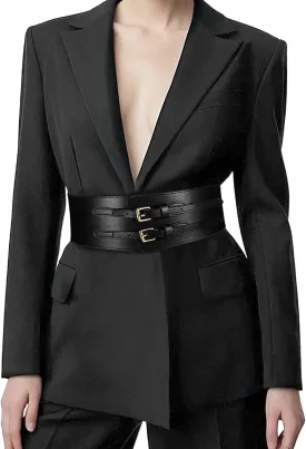 Women's Wide Elastic Waist Belt: Fashionable Stretchy Belt with Double Gold Buckle for Dresses and Shirts